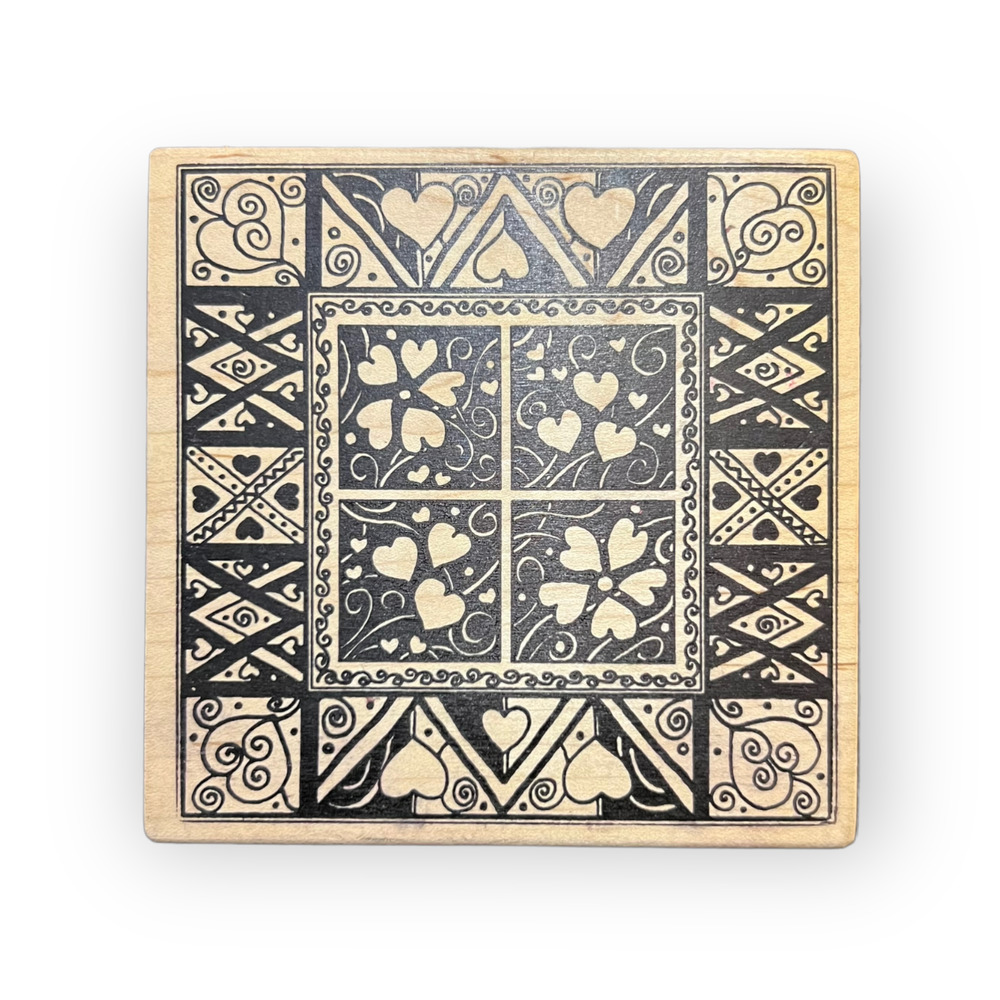 Magenta Vintage 90s Heart Motif Valentine’s Day, Love Square Wood & Rubber Stamp
